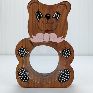 Vintage Wooden Teddy Bear Coin Bank Clear Belly Center Hand Painted 9.5&quot;