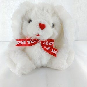 1990 Fairview White Bunny Rabbit Plush 10&quot; Stuffed Animal Red Heart Nose Love
