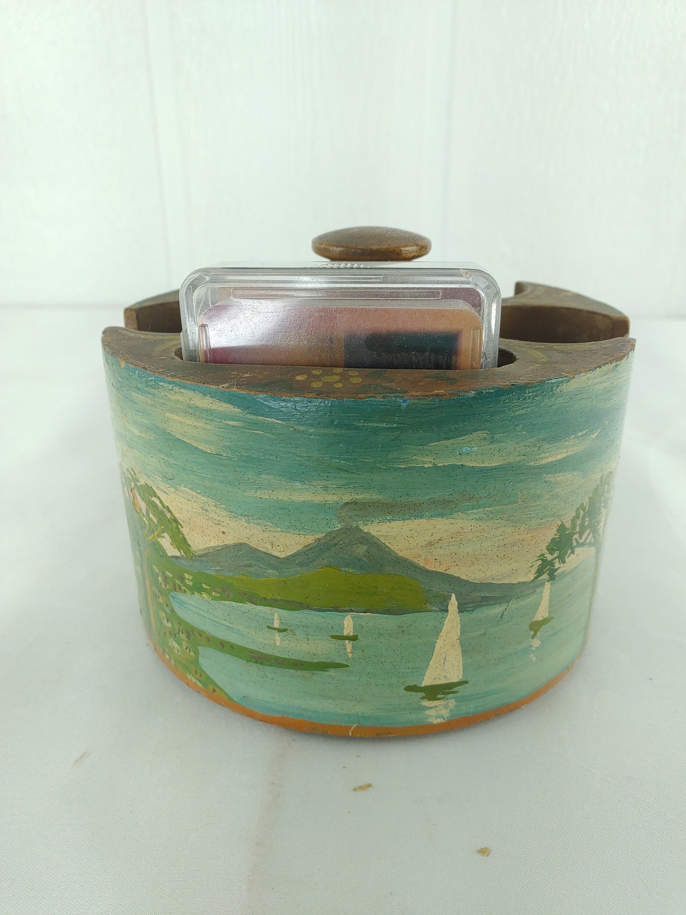 Vintage Wooden Poker Chip Card Holder Round Hand Painted With Etsy