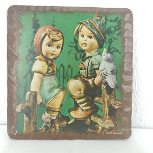 Vintage Wooden M J Hummel Picture Boy & Girl Sitting on Fence 10&quot; x 9.5&quot; Rare