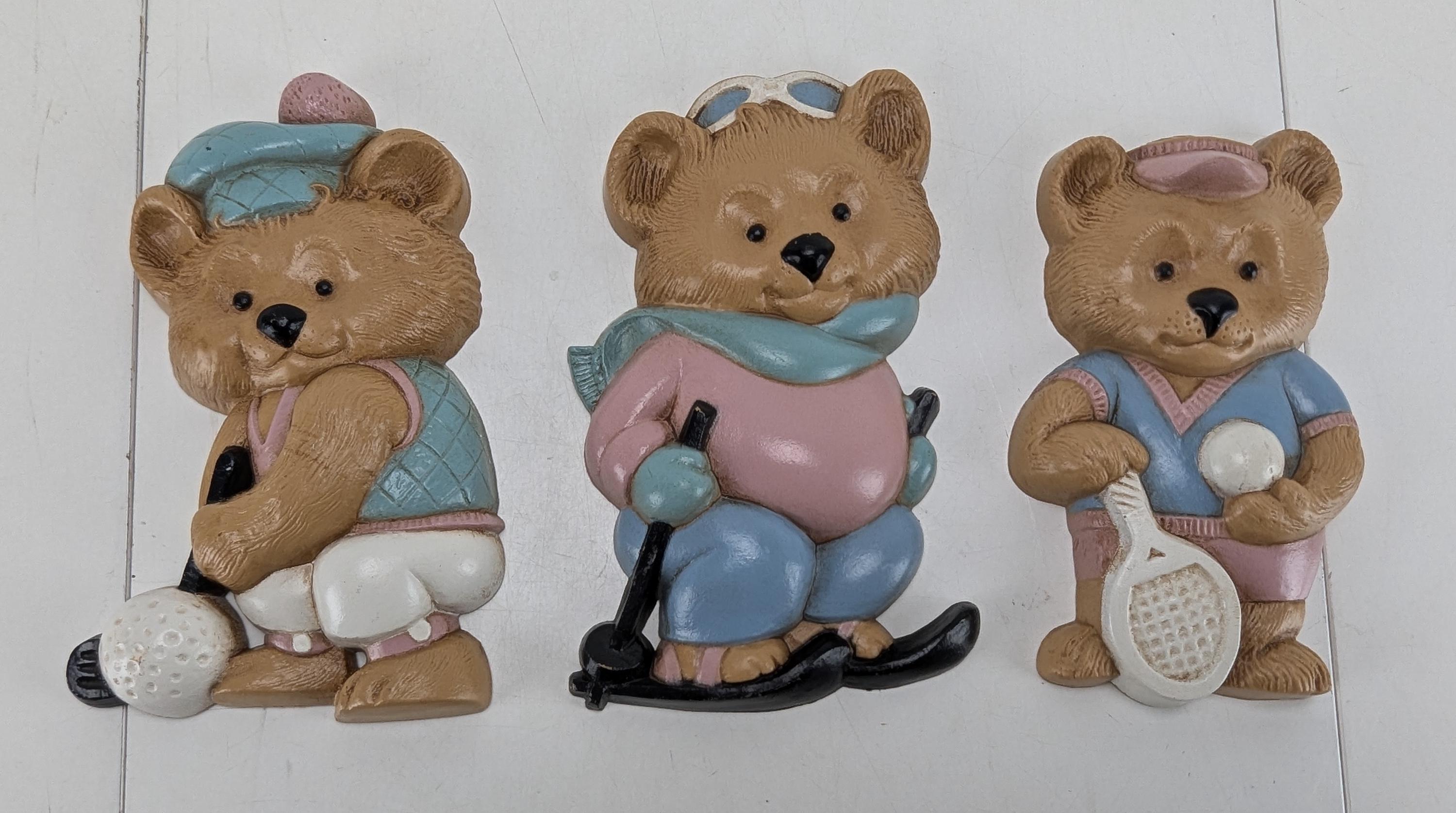 Vintage Burwood Wall Decor Athletic Teddy Bear Set of 3 Golf Tennis Skiing 1992