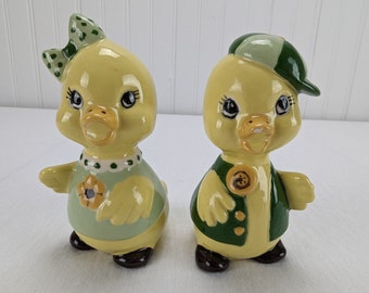 Vintage Duck Couple Ceramic Figurines Boy Girl Green Outfits Hand Painted 3.75"