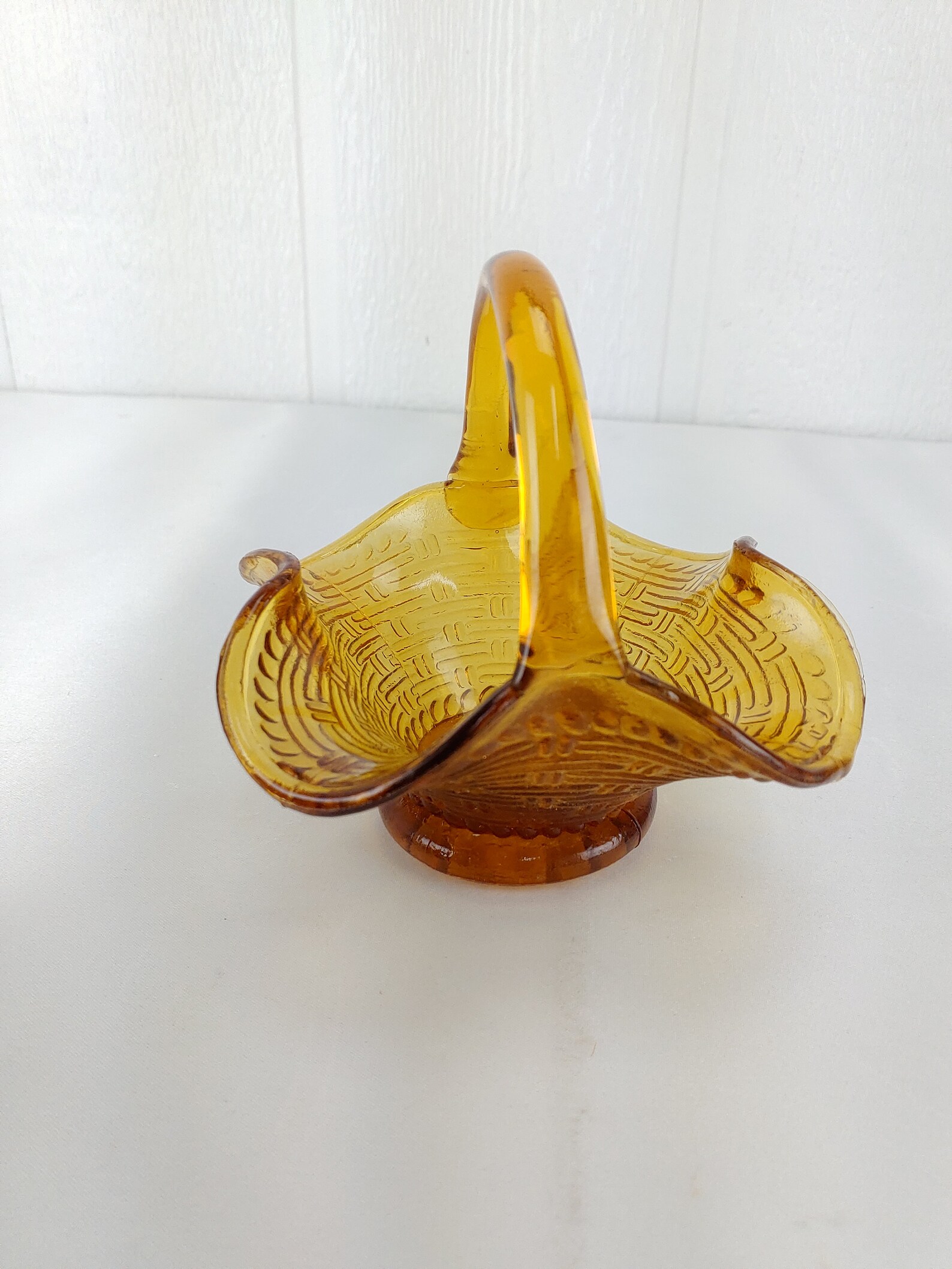 Amber Glass Basket Candy Dish Ruffled Edges Handle Set of 2 Etsy