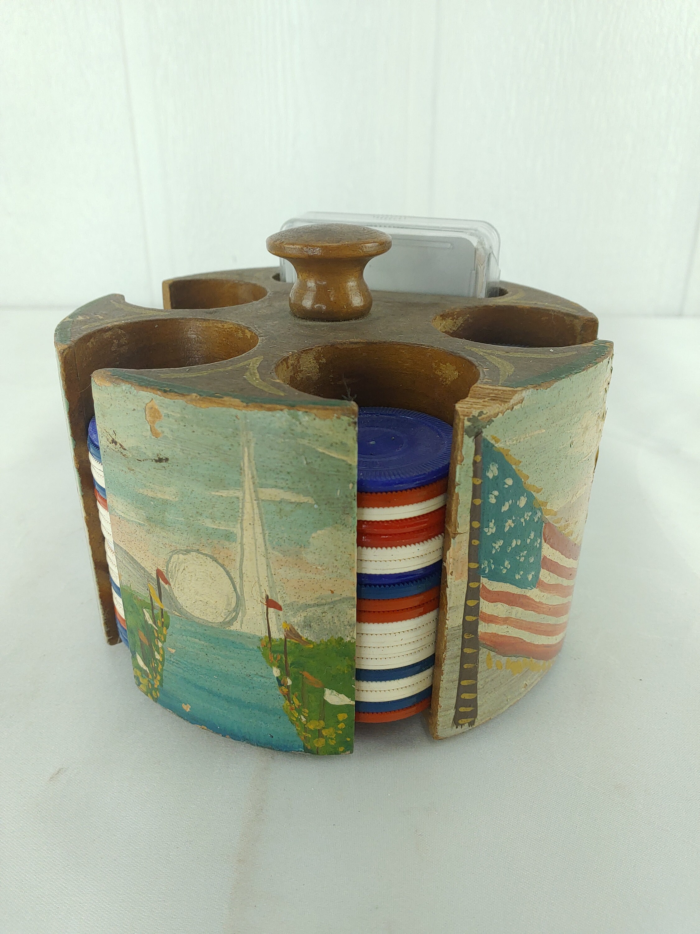 Vintage Wooden Poker Chip Card Holder Round Hand Painted with Etsy