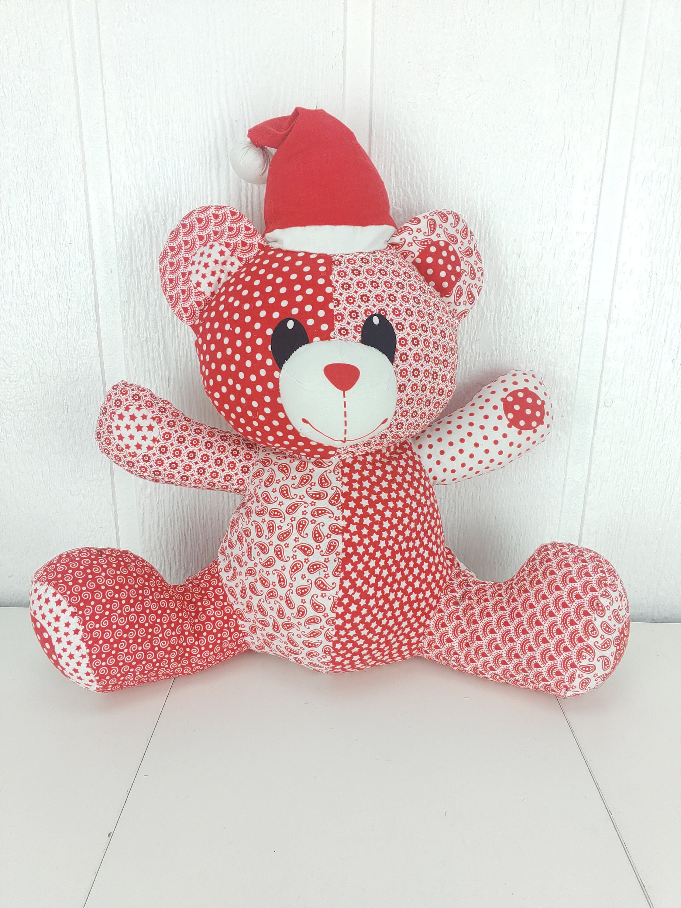 Vintage Red & White Christmas Teddy Bear Plush 14" Stuffed Animal Sample OOAK