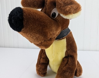 ヴィンテージ 小型 茶色 犬 ぬいぐるみ 首に黄色いリボン付き