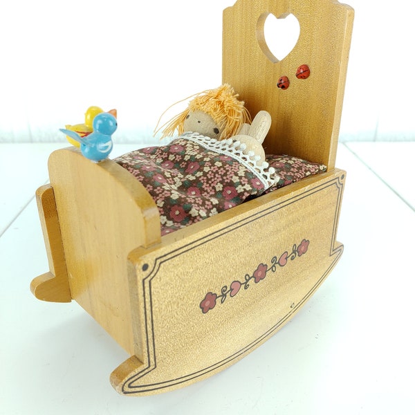 Vintage Schmid Music Box Cradle 122 Brahms Lullaby Japan Baby en moisés de madera