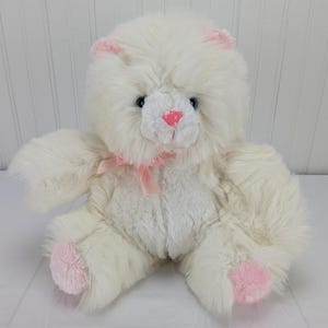 Peluche vintage a forma di gatto bianco, 12 pollici, orecchie rosa, naso, piedi, occhi azzurri e baffi