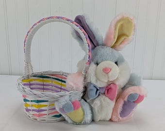 Cestino pasquale vintage MTY con coniglietto di peluche da 25 cm, peluche multicolore pastello