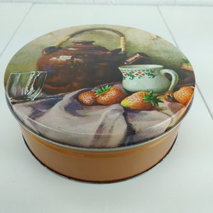 vintage Rond Métal Étain Théière Fraises 7.25 »