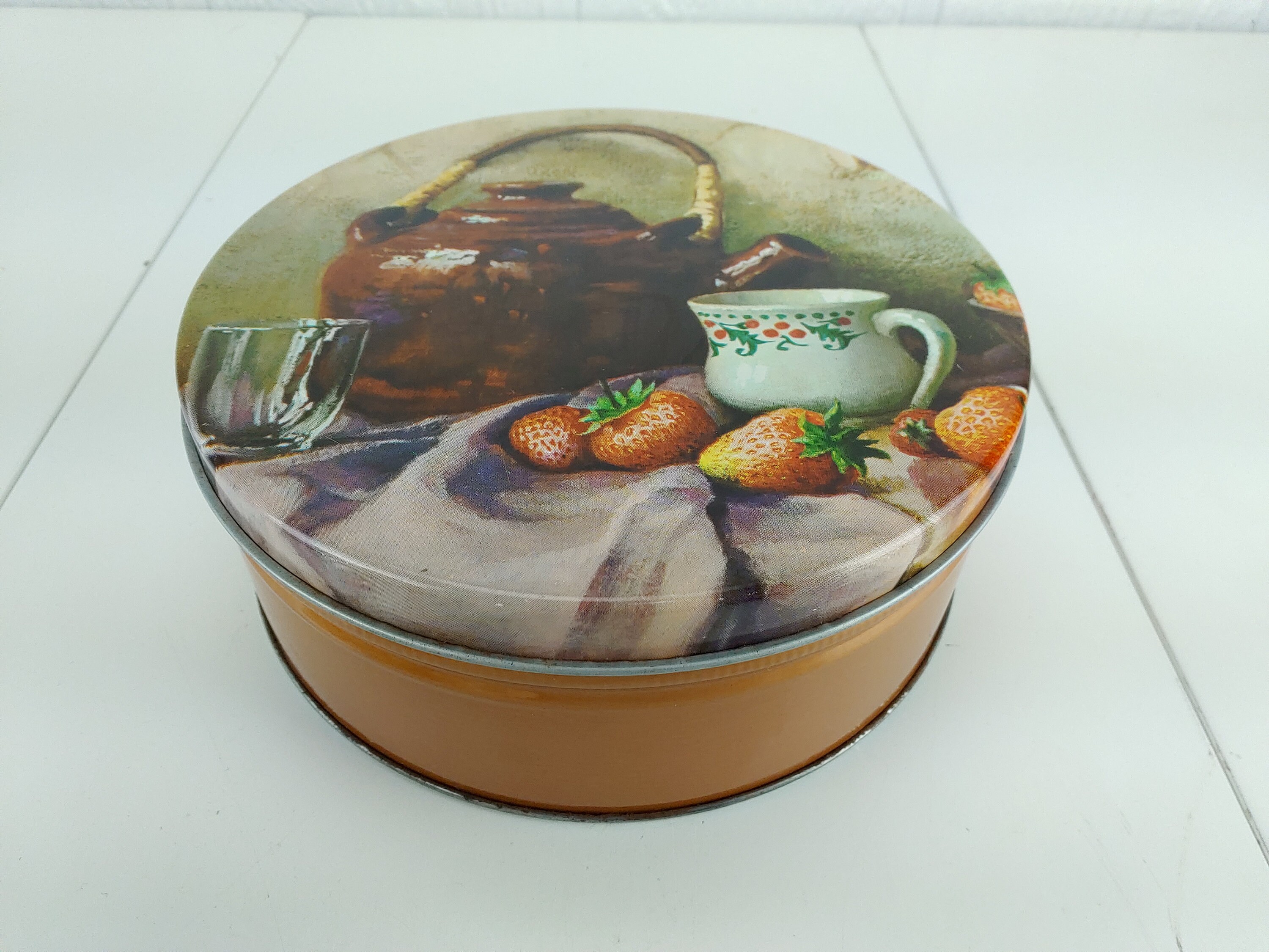 Vintage Round Metal Tin Teapot Strawberries 7.25"