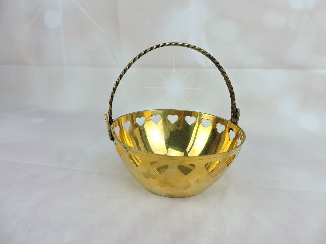 Vintage Brass Bowl With Handle Heart Cutouts Made in India Etsy