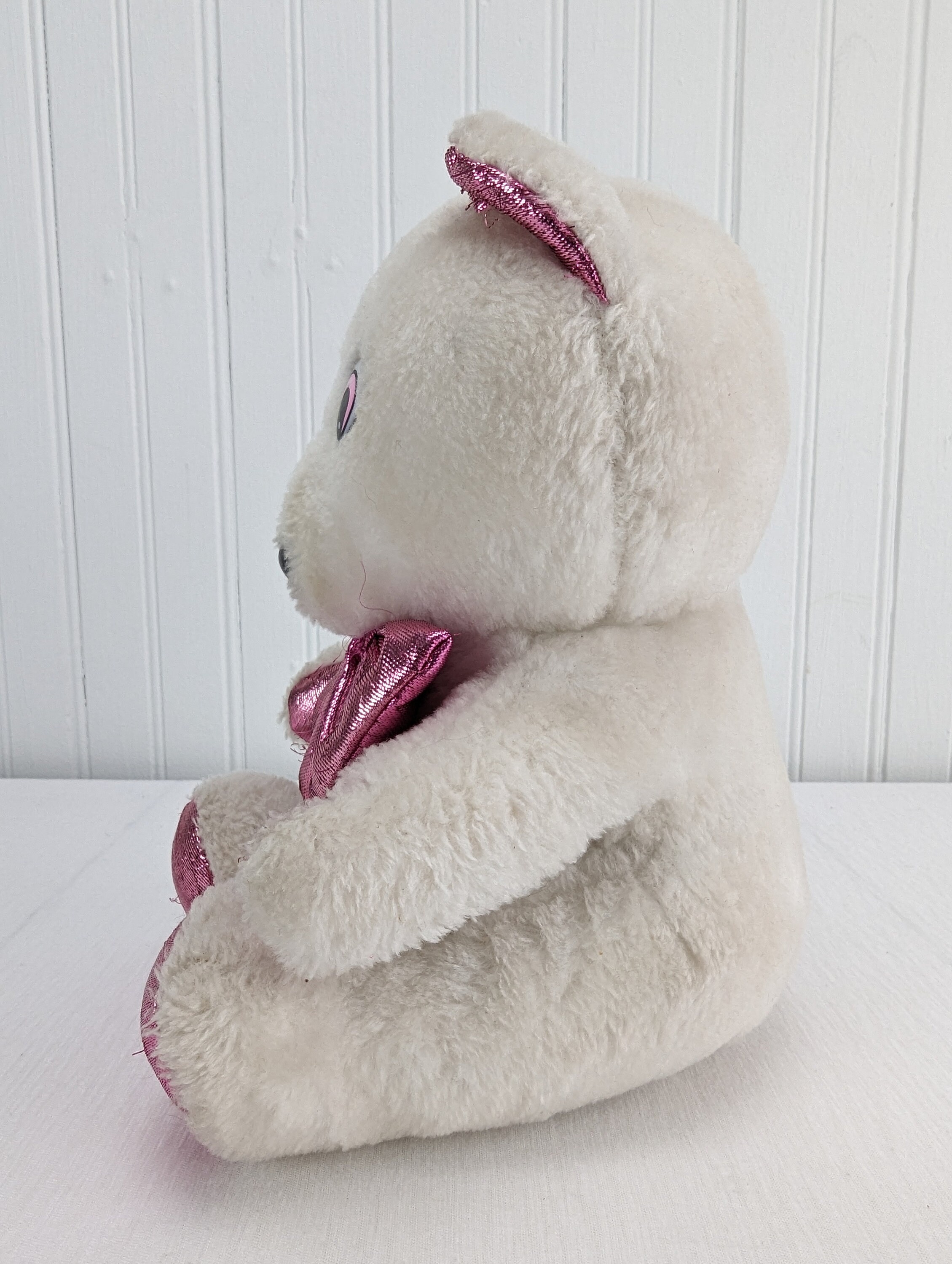 Vintage White Teddy Bear Plush Pink Metallic Ears Bow Hands Feet 9