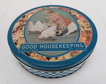Vintage Good Housekeeping Round Tin Girl Feeding Chickens 6.25" May 1925 Hearst