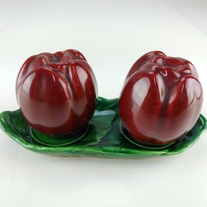 Vintage Tulips on Leaf Tray Salt & Pepper Shaker Set Ceramic Red Green Retro