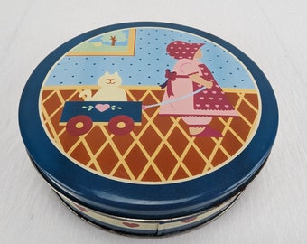 Vintage Round Tin Country Girl Pulling Cat in Wagon 6.5" Container Storage