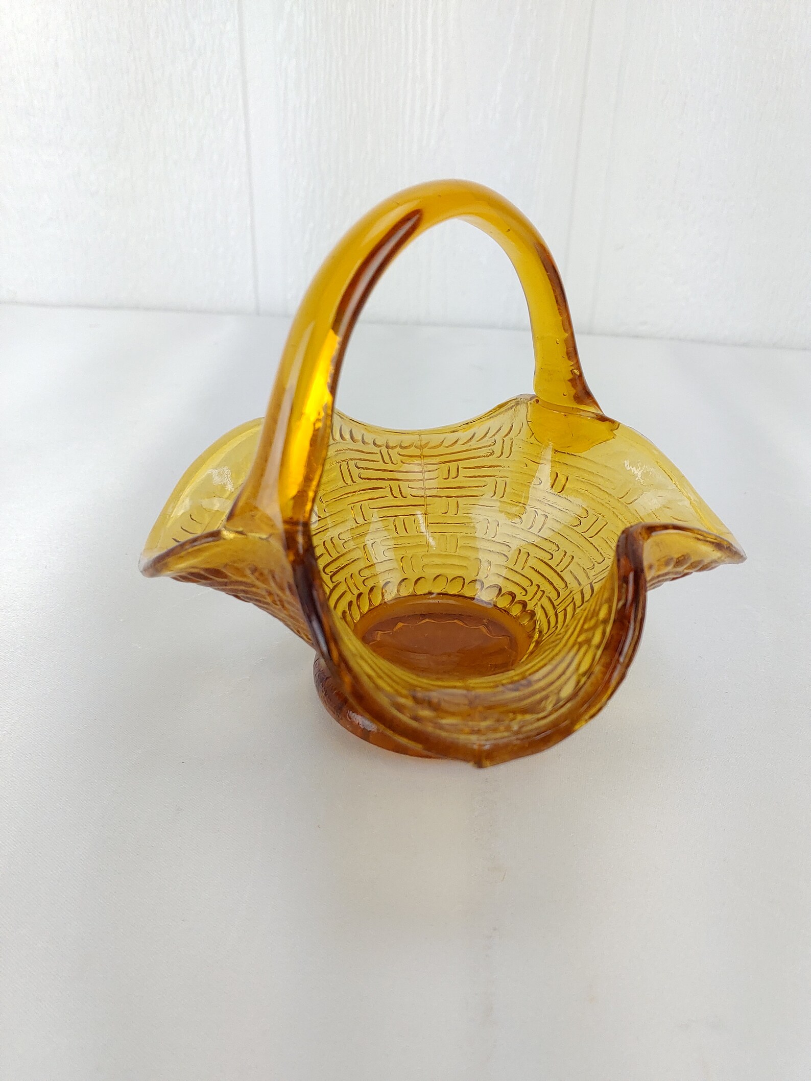 Amber Glass Basket Candy Dish Ruffled Edges Handle Set of 2 Etsy