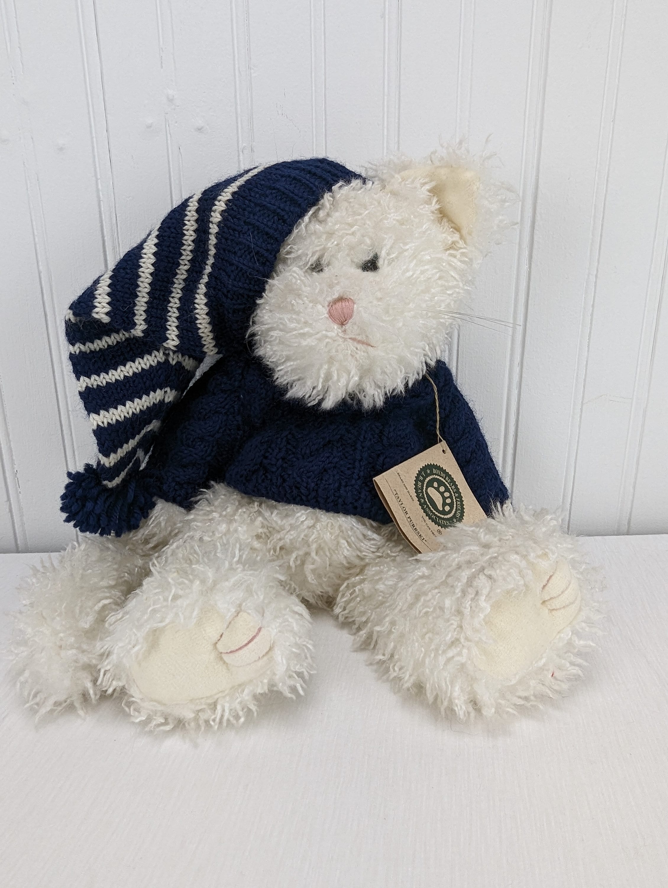 Boyds Bears Taylor Purrski White Cat Plush Stuffed Animal Blue