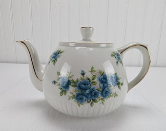 Ellgreave Genuine Ironstone Teapot Blue Roses England Wood & Sons Gold Trim