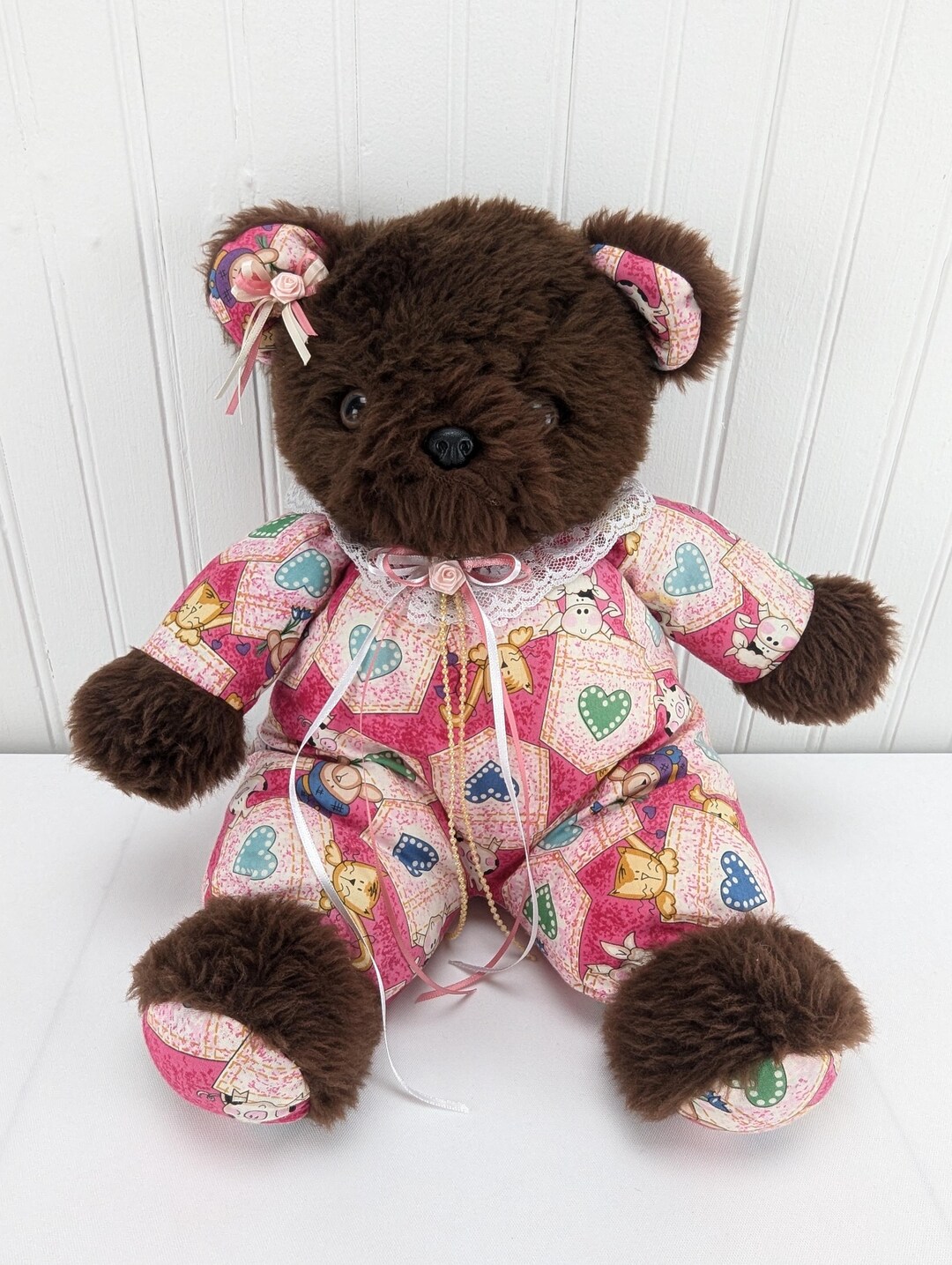 Vintage Brown Teddy Bear Plush 14" Stuffed Animal Pink Animal Fabric ...