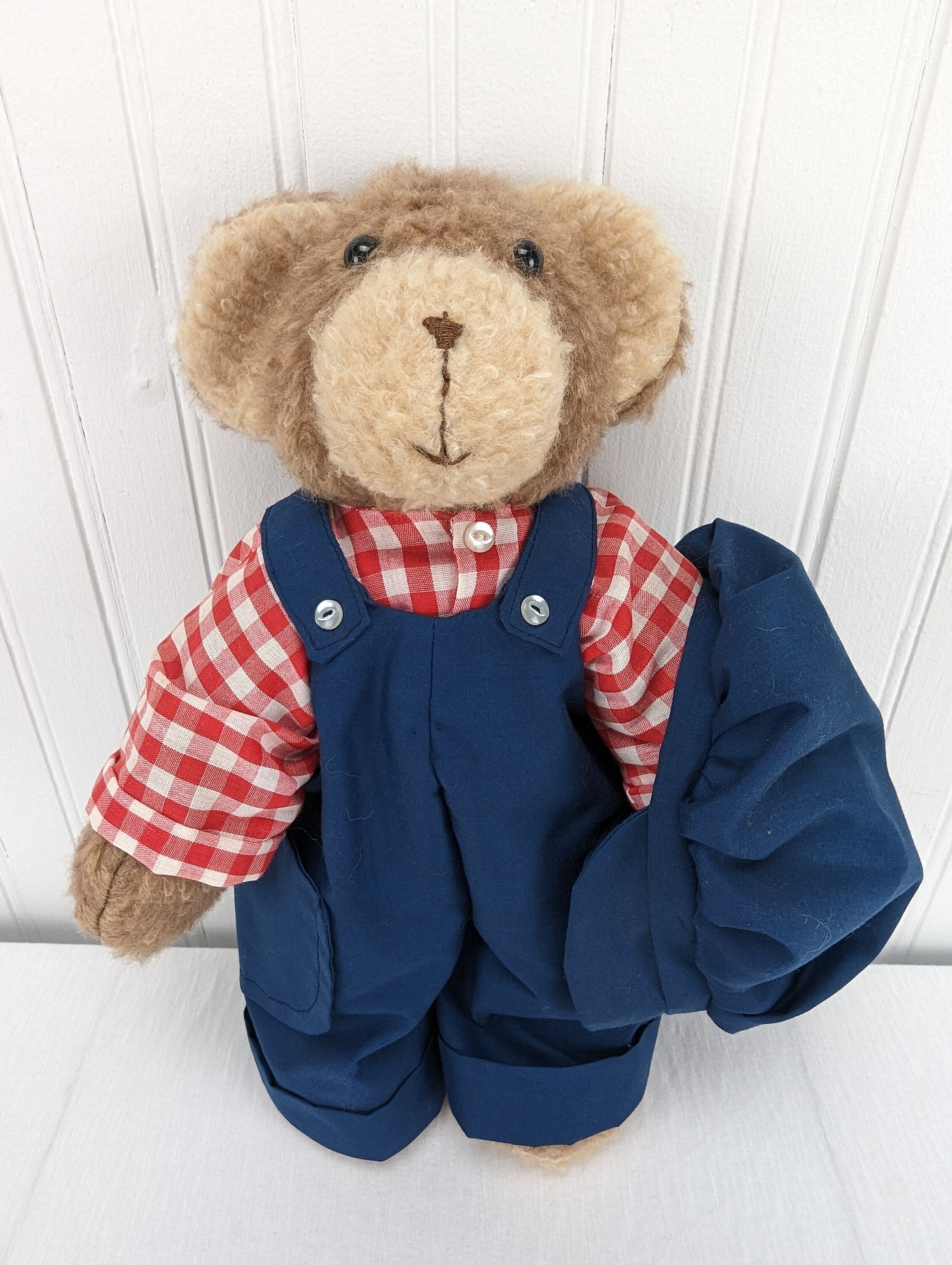 Vintage Teddy Bear Plush Brown Beige Red Plaid Shirt Blue Overalls