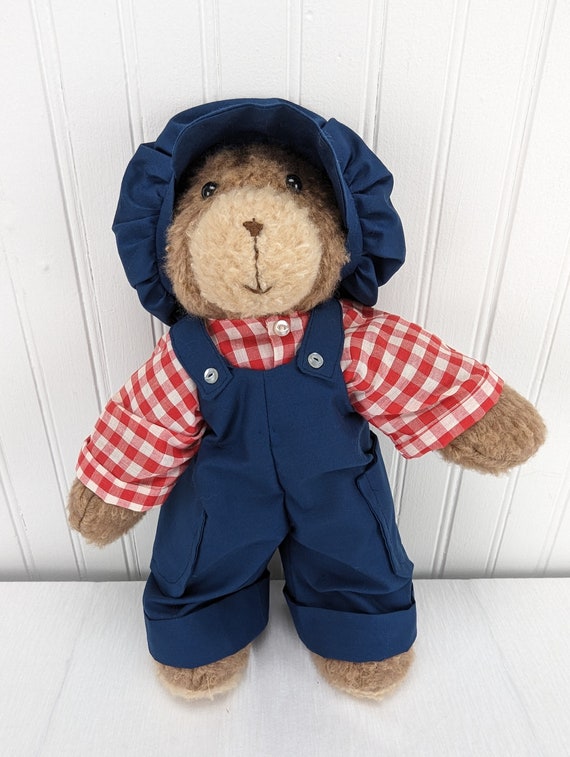 Vintage Teddy Bear Plush Brown Beige Red Plaid Shirt Blue Overalls