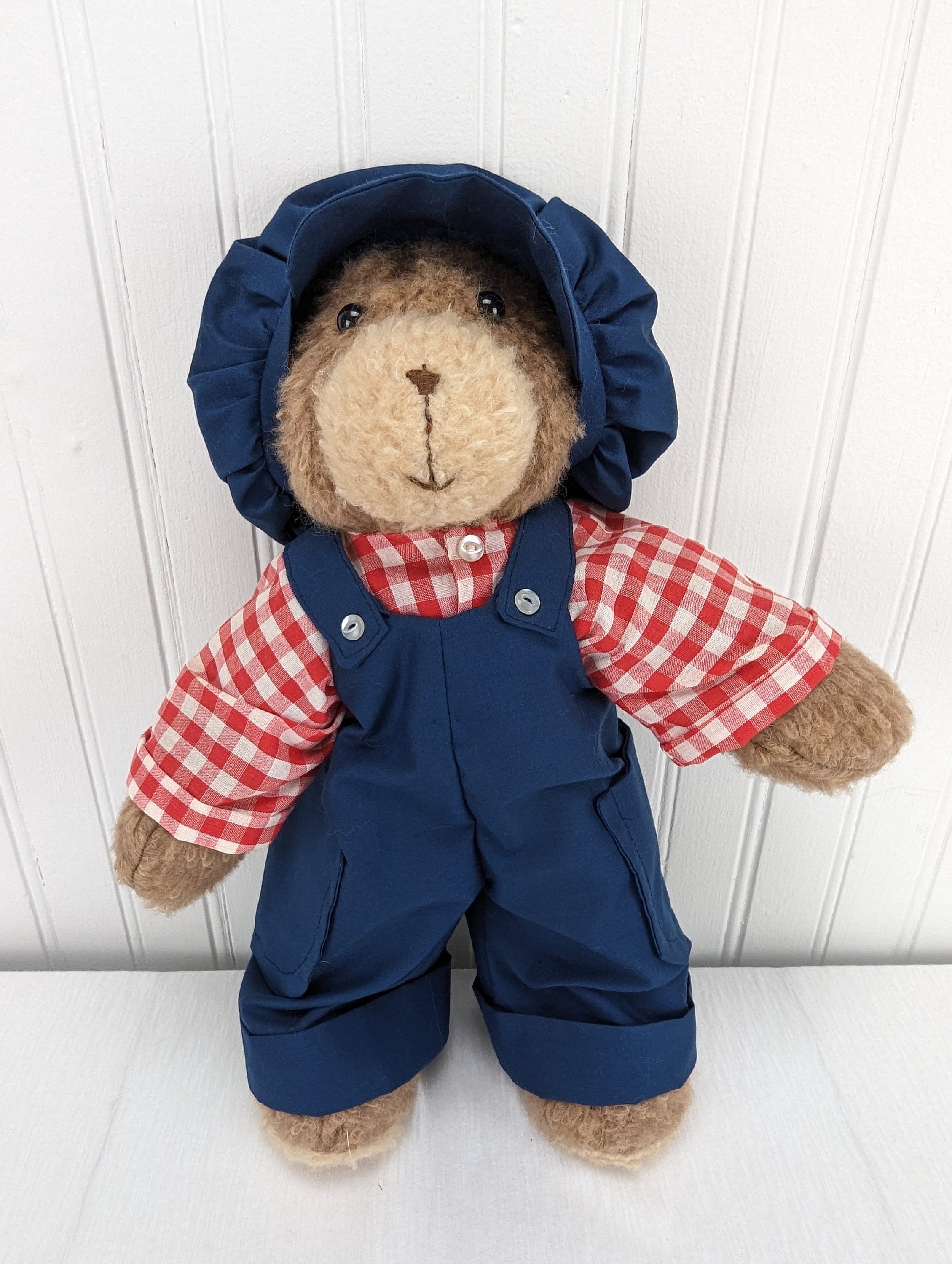 Vintage Teddy Bear Plush Brown Beige Red Plaid Shirt Blue Overalls