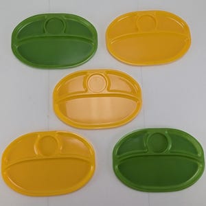 Vintage Divided Dinner Plates Set of 5 Yellow Green Oval Reusable Dishes