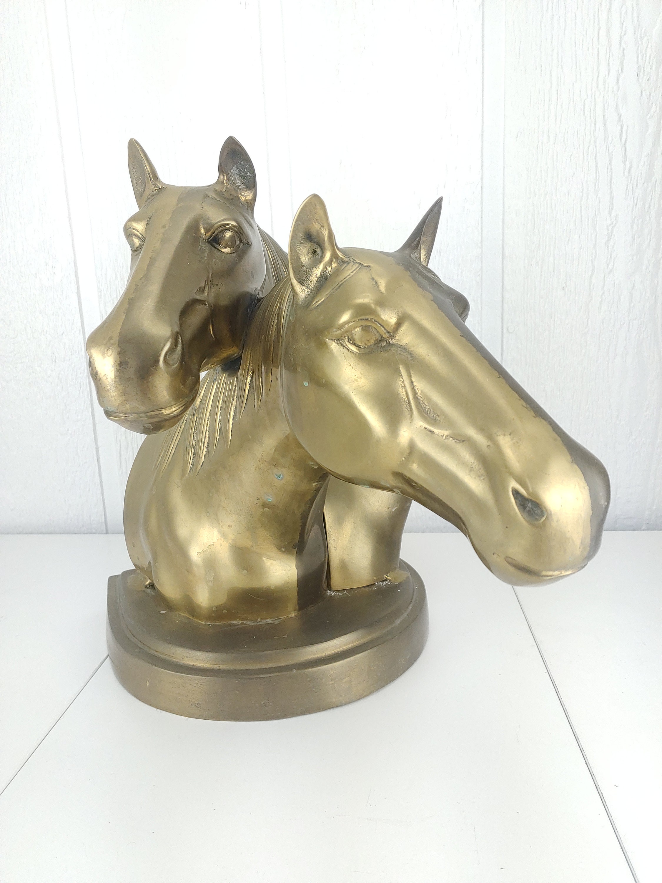 Vintage Large Brass Horse Head Bust Sculpture Two Heads 13 Tall