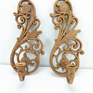 Par de arandelas de parede de madeira falsa vintage, castiçais ornamentados, decoração de casa, 15,75&quot; de altura