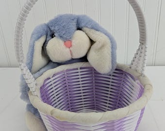 Vintage Dan Dee Woven Plastic Easter Basket with Plush Bunny Rabbit Purple White