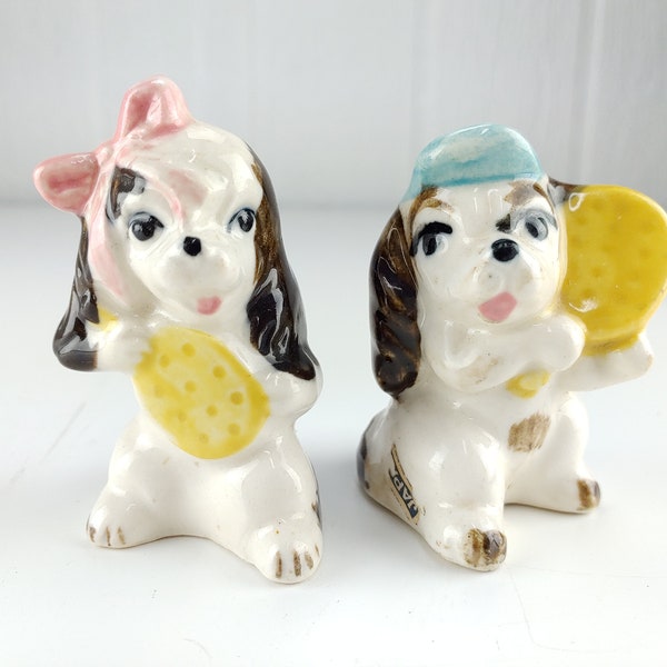 Vintage Boy & Girl Ceramic Dog Salt and Pepper Shaker Set Playing Racquetball