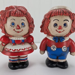 Vintage Raggedy Ann & Andy Ceramic Figurines 7&quot; Set Retro Hand Painted Decor