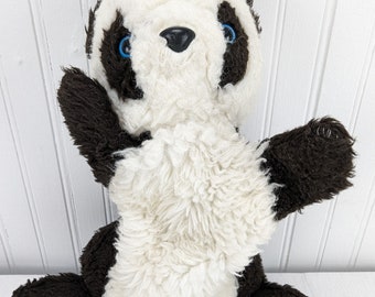 Vintage Braun Weiß Panda Bär Plüsch Handpuppe 13 "Kugeltier / Blaue Augen