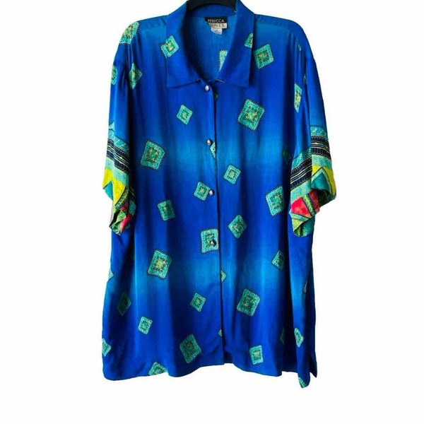 Vintage Rebecca Jones Plus Blue Printed Short Sleeve Rayon Blouse Size 3X