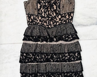 Y2K BCBGMAXAZRIA Dress Mini Lace Black Beige Strapless Womens 10 Prom Formal Femme Punk