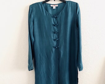 90s Vintage Stunt Collections Split Front Teal Blue 100% Silk Tunic Top Size Small