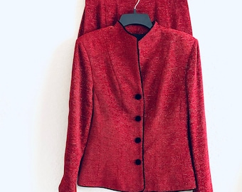 Sandra Ow-Wing NR1 vintage Red Sparkle Wool Blend Velvet 2 Pièces Jupe Costume Taille 8