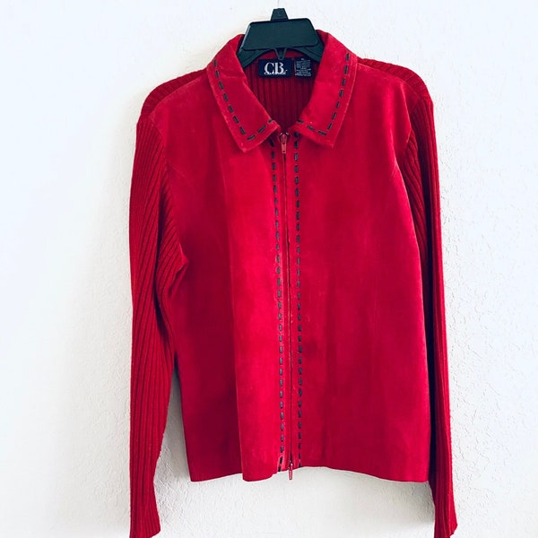 80s Vintage Rare CB Casuals Red Leather Suede Sweater Jacket Collared Size XL