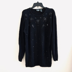 80s VTG Liz Wear Black Beaded Oversized Chunky Knit Sweater Ramie Cotton Medium