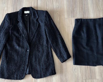 Vintage Cache Skirt Suit Jacket Skirt Set Black Tweed Shimmer Women 8 Glam Designer 80s