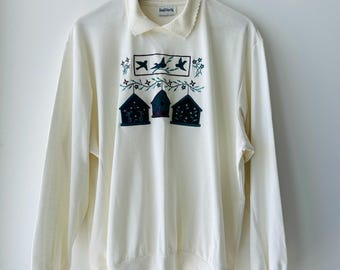 VTG BonWorth Sweater Top Beige Bird Nest Collared Women XL Grandmacore Cottage