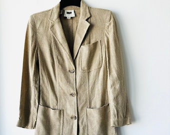 Vintage DKNY 100% Leinen Sackleinen lange Jacke Kragen Taschen Größe 3