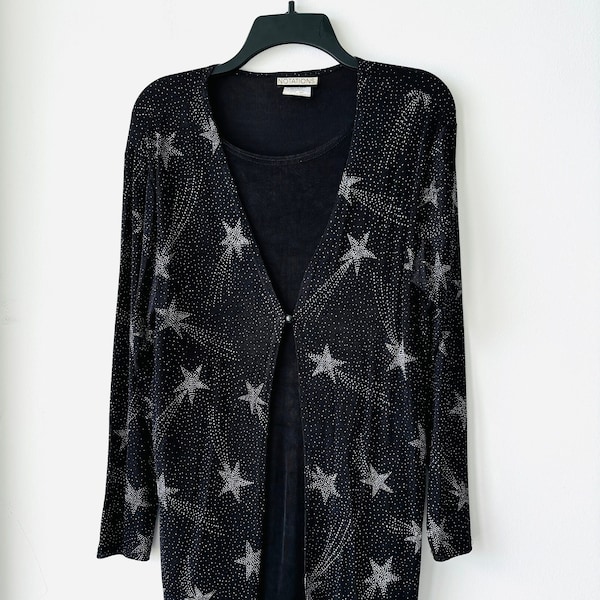 Vintage Notations Black Silver Star Glitter Acetate Slinky Knit Twofer Blouse Small