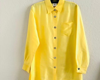 Collection vintage Harve Benard Jaune 100% Soie Col Bouton Down Boxy Chemise Taille 4