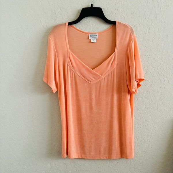 Vintage Jonden by Linda Leal Orange V Neck Acetate Slinky Knit Short Sleeve Blouse Size 2X