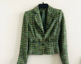 Y2K Vintage Express Green Tweed Embellished 2 Button Blazer Size 0
