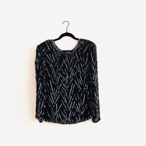 80s Vintage Black 100% Silk Sequin Beaded Blouse