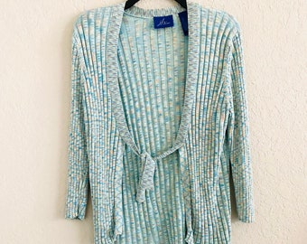 VTG Kofta Ribbad Stickad Öppen Framsida Knyt Grön Marled Dam XL Boho Lounge 90-tals Mjuk Flicka