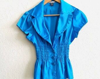 Vintage Body Central 90s Y2K Blue Satin Collared Fitted Button Down Shirt Size Small